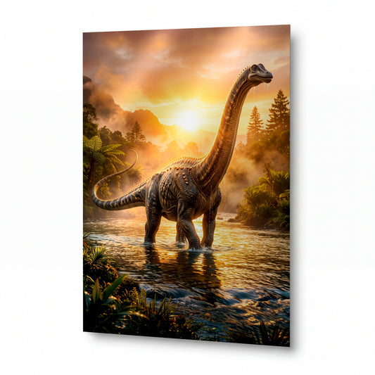 Obraz Brachiosaurus v mlžném úsvitu — kovový obraz na hliníkovém panelu s vysokým leskem