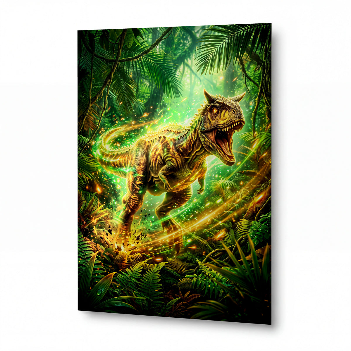 Obraz Carnotaurus v záři pralesní magie — kovový obraz na hliníkovém panelu s vysokým leskem