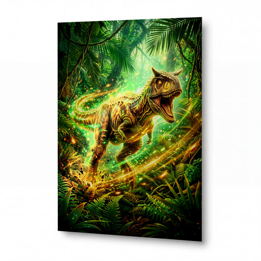 Obraz Carnotaurus v záři pralesní magie — kovový obraz na hliníkovém panelu s vysokým leskem