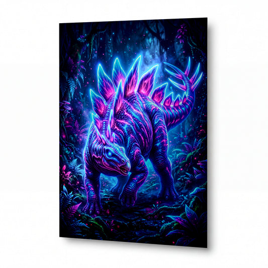 Obraz Neonový stegosaurus v bioluminiscenční džungli — kovový obraz na hliníkovém panelu s vysokým leskem