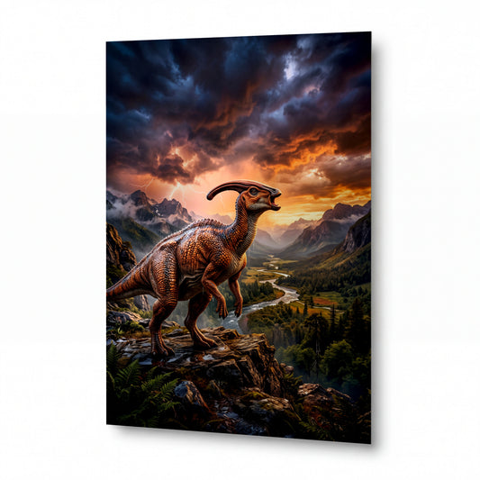Obraz Parasaurolophus v bouřkovém horském údolí — kovový obraz na hliníkovém panelu s vysokým leskem