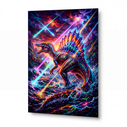 Obraz Spinosaurus v duhové bouři — kovový obraz na hliníkovém panelu s vysokým leskem