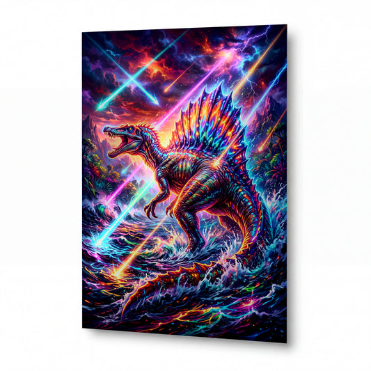 Obraz Spinosaurus v duhové bouři — kovový obraz na hliníkovém panelu s vysokým leskem