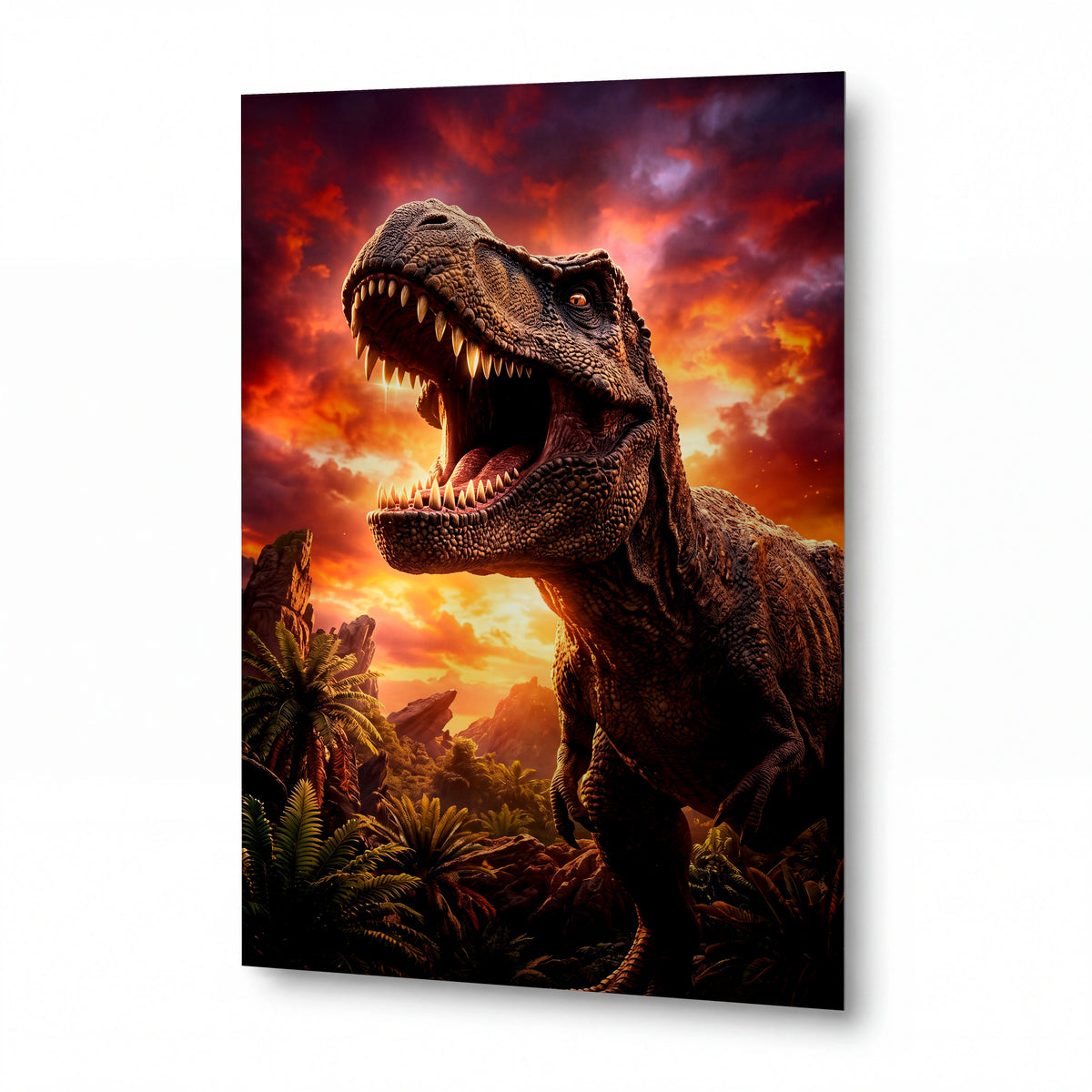 Obraz Tyranosaurus v plamenném nebi — kovový obraz na hliníkovém panelu s vysokým leskem
