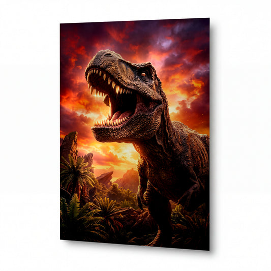 Obraz Tyranosaurus v plamenném nebi — kovový obraz na hliníkovém panelu s vysokým leskem
