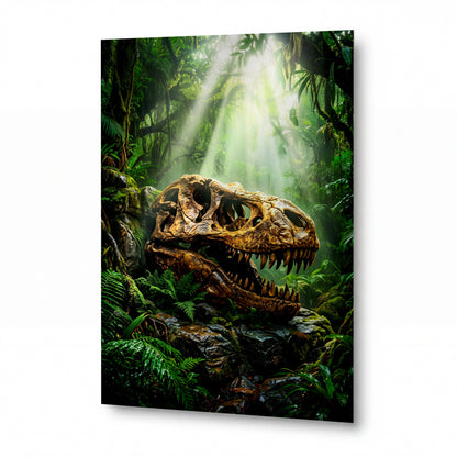 Obraz Lebka tyranosaura v pralesním světle — kovový obraz na hliníkovém panelu s vysokým leskem