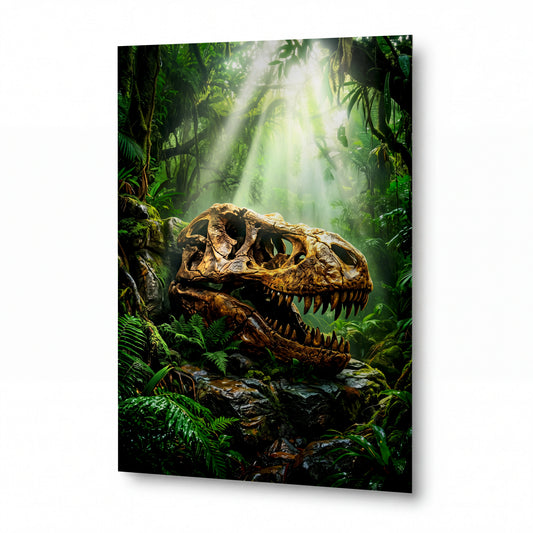Obraz Lebka tyranosaura v pralesním světle — kovový obraz na hliníkovém panelu s vysokým leskem