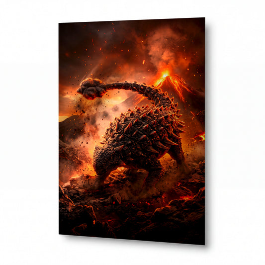 Obraz Ankylosaurus v plamenech sopečné erupce — kovový obraz na hliníkovém panelu s vysokým leskem