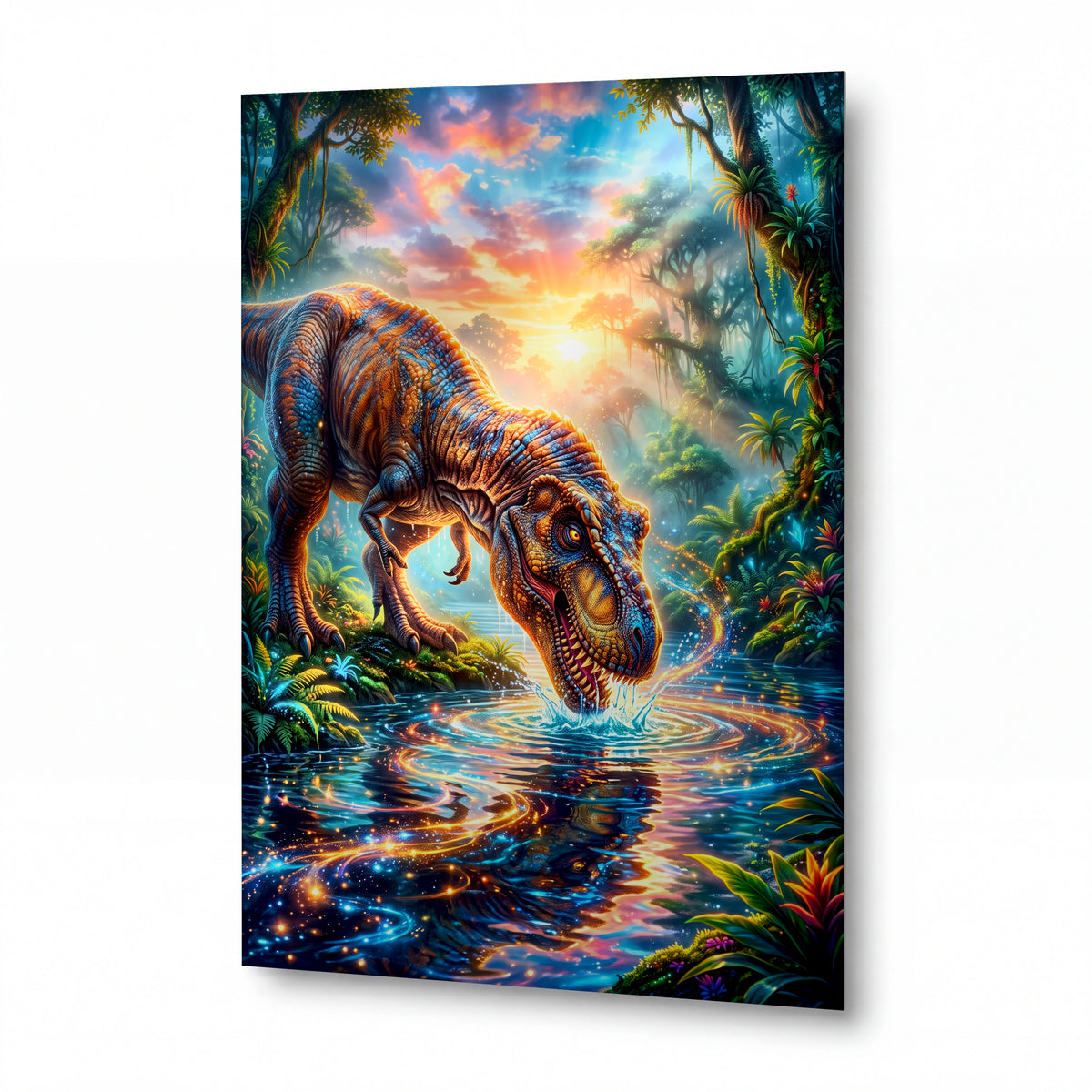 Obraz Tyranosaurus nad magickou říční hladinou — kovový obraz na hliníkovém panelu s vysokým leskem