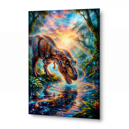 Obraz Tyranosaurus nad magickou říční hladinou — kovový obraz na hliníkovém panelu s vysokým leskem