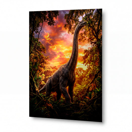 Obraz Brachiosaurus v ohnivém svítání pralesa — kovový obraz na hliníkovém panelu s vysokým leskem