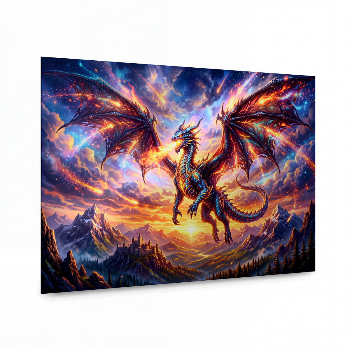 Obraz Drak rozpínající planoucí křídla nad horskou říší — kovový obraz na hliníkovém panelu s vysokým leskem