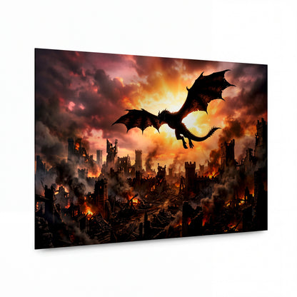 Obraz Drak ohnivé pomsty nad spálenými hradbami — kovový obraz na hliníkovém panelu s vysokým leskem