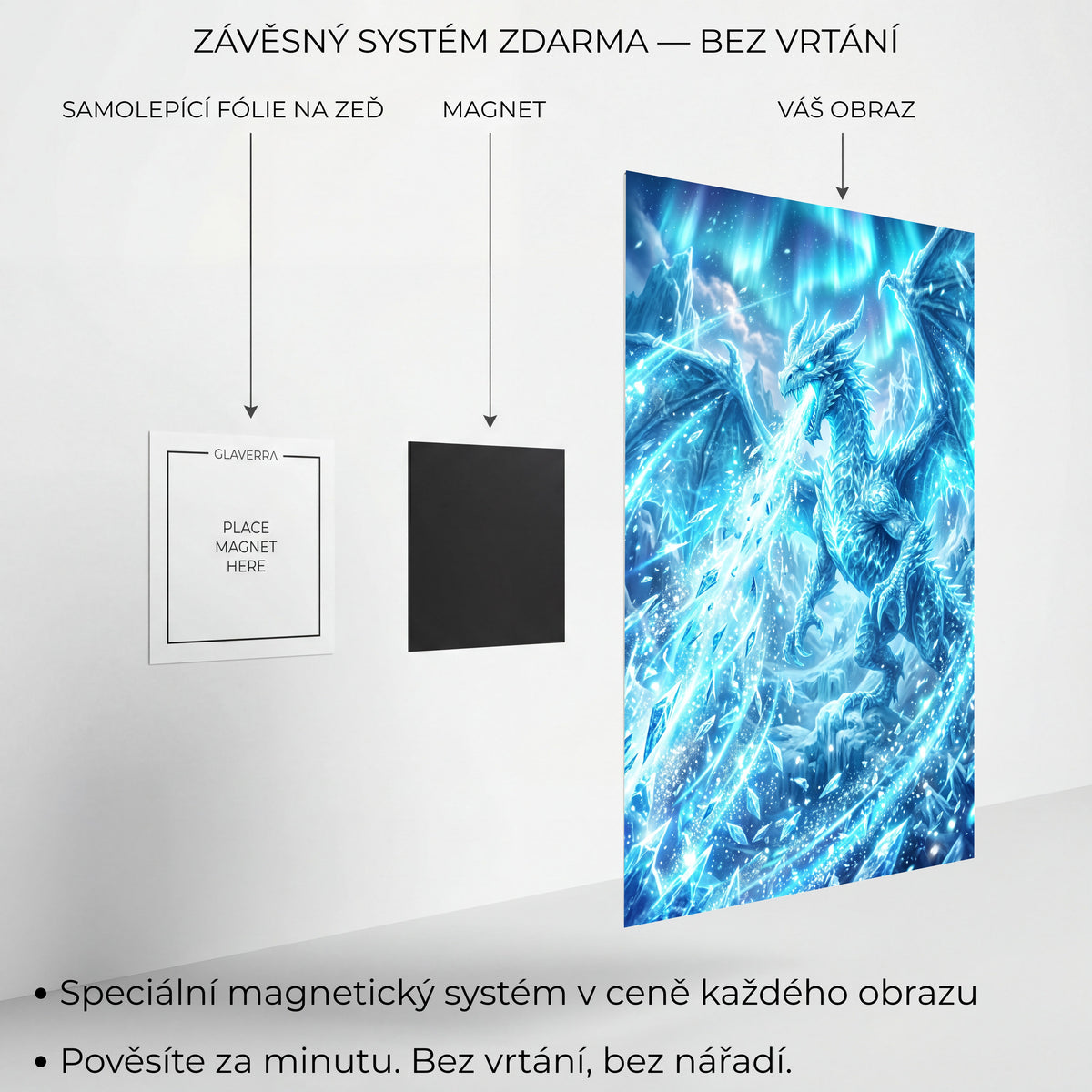 Magnetický systém uchycení kovového obrazu bez vrtání