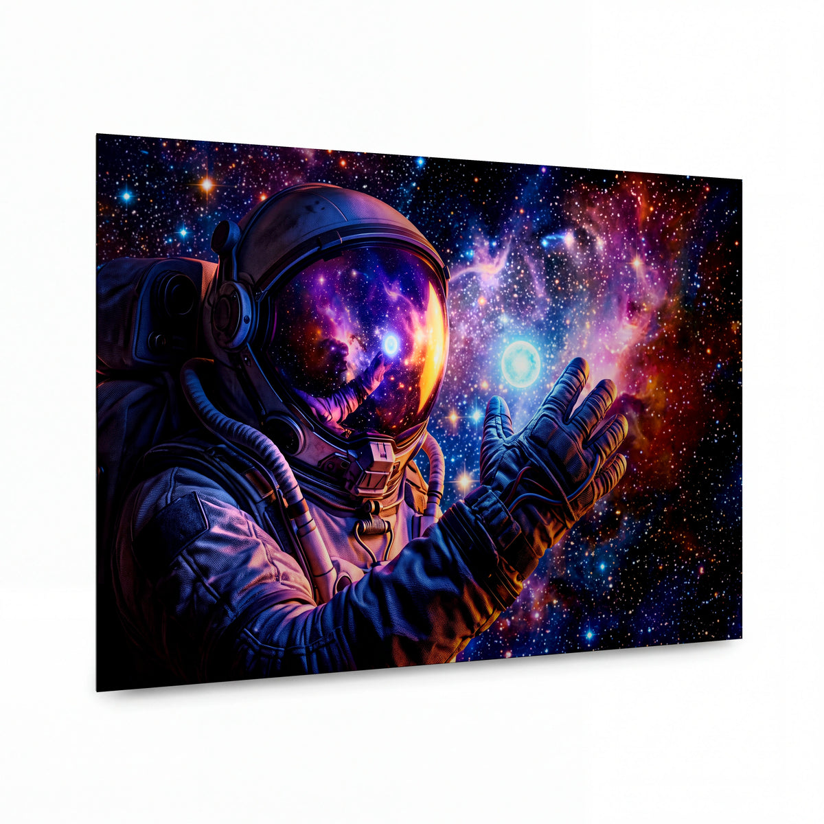 Obraz Astronaut dotýkající se hvězdné mlhoviny — kovový obraz na hliníkovém panelu s vysokým leskem