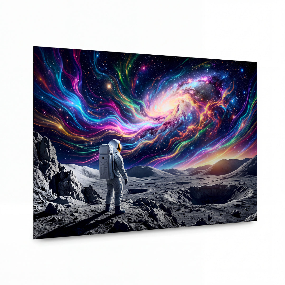 Obraz Astronaut pod duhovou mlhovinou — kovový obraz na hliníkovém panelu s vysokým leskem