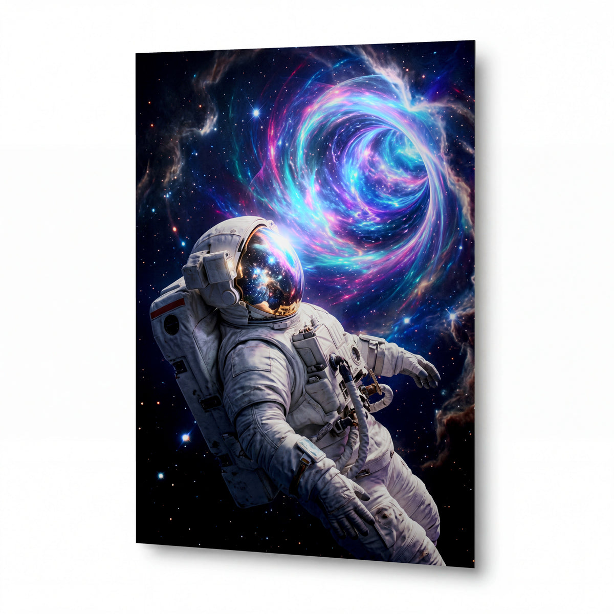 Obraz Astronaut před barevnou vírovou galaxií — kovový obraz na hliníkovém panelu s vysokým leskem