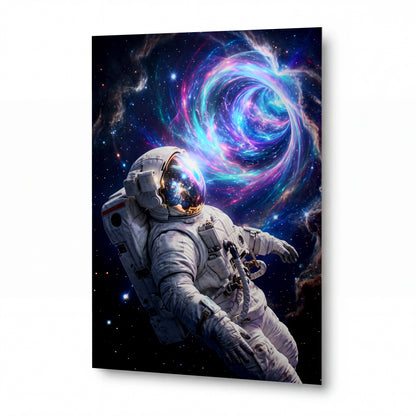 Obraz Astronaut před barevnou vírovou galaxií — kovový obraz na hliníkovém panelu s vysokým leskem