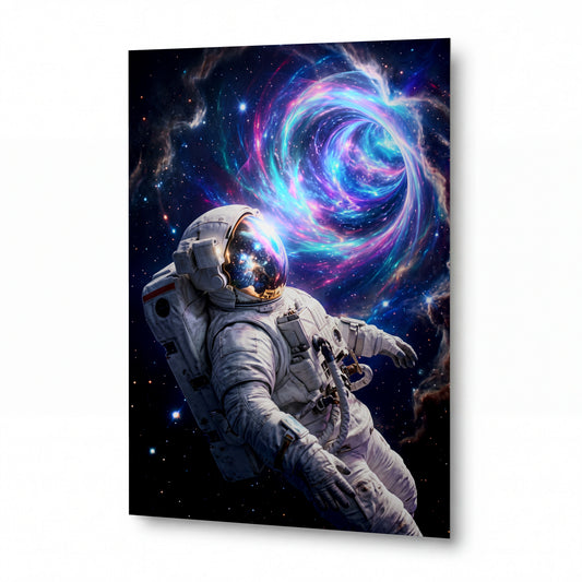 Obraz Astronaut před barevnou vírovou galaxií — kovový obraz na hliníkovém panelu s vysokým leskem