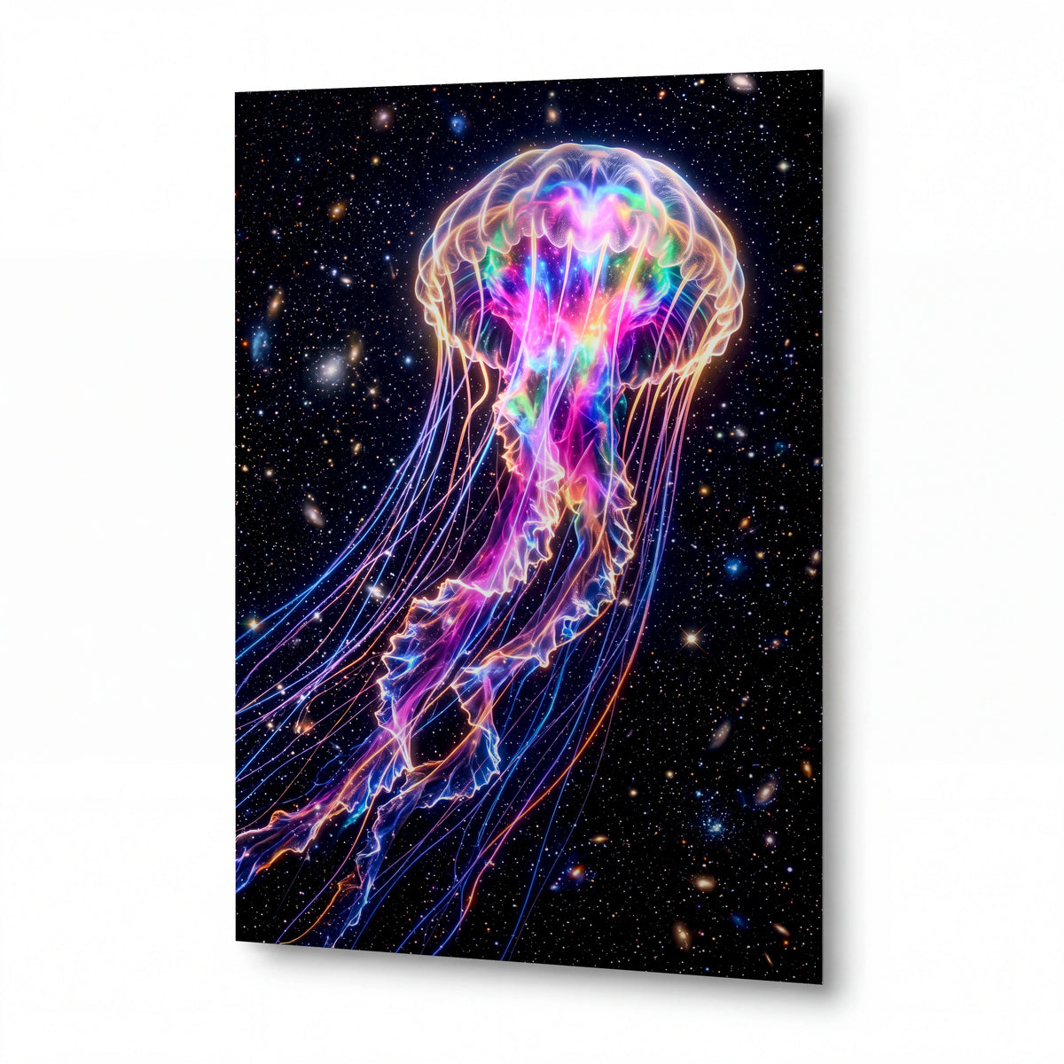 Obraz Obraz Nebeská medúza v duhové záři — kovový obraz na hliníkovém panelu s vysokým leskem