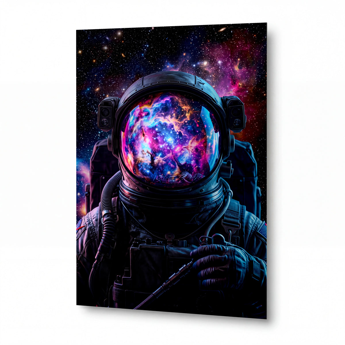 Obraz Astronaut s mlhovinou v helmě — kovový obraz na hliníkovém panelu s vysokým leskem