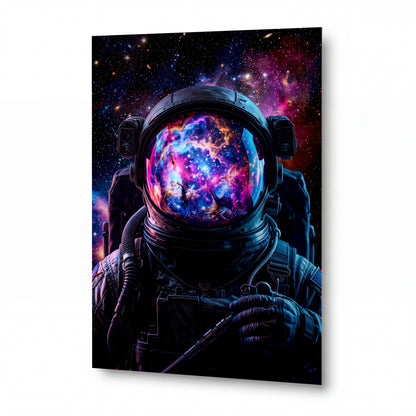 Obraz Astronaut s mlhovinou v helmě — kovový obraz na hliníkovém panelu s vysokým leskem