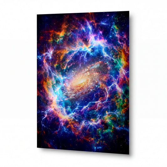 Obraz Vír blesku objímající spirální galaxii — kovový obraz na hliníkovém panelu s vysokým leskem