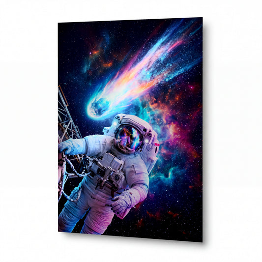 Obraz Astronaut v objetí planoucí komety — kovový obraz na hliníkovém panelu s vysokým leskem