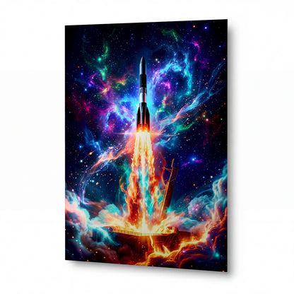 Obraz Start rakety v ohnivém víru galaxie — kovový obraz na hliníkovém panelu s vysokým leskem