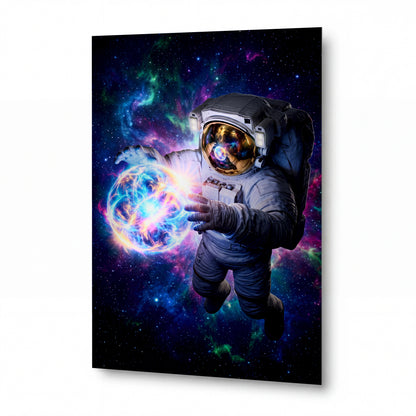 Obraz Astronaut s energetickou sférou v kosmické mlhovině — kovový obraz na hliníkovém panelu s vysokým leskem