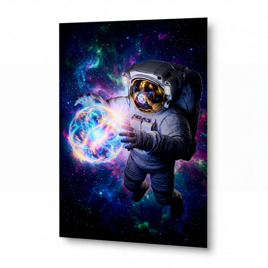 Obraz Astronaut s energetickou sférou v kosmické mlhovině — kovový obraz na hliníkovém panelu s vysokým leskem
