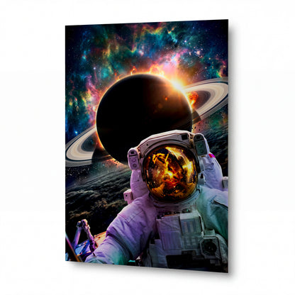 Obraz Astronaut u planety s prstenci v barevné mlhovině — kovový obraz na hliníkovém panelu s vysokým leskem