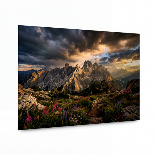 Obraz Zlaté světlo nad Dolomity s alpskou loukou — luxusní obraz na hliníkovém panelu