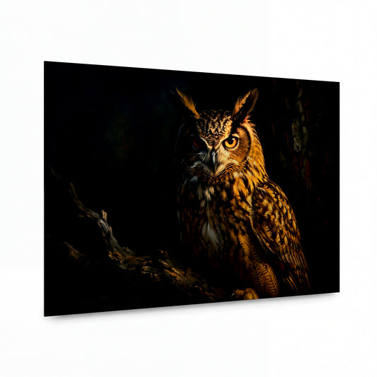 Obraz Výr s jantarovým pohledem v temném lese — lesklý obraz na hliníku