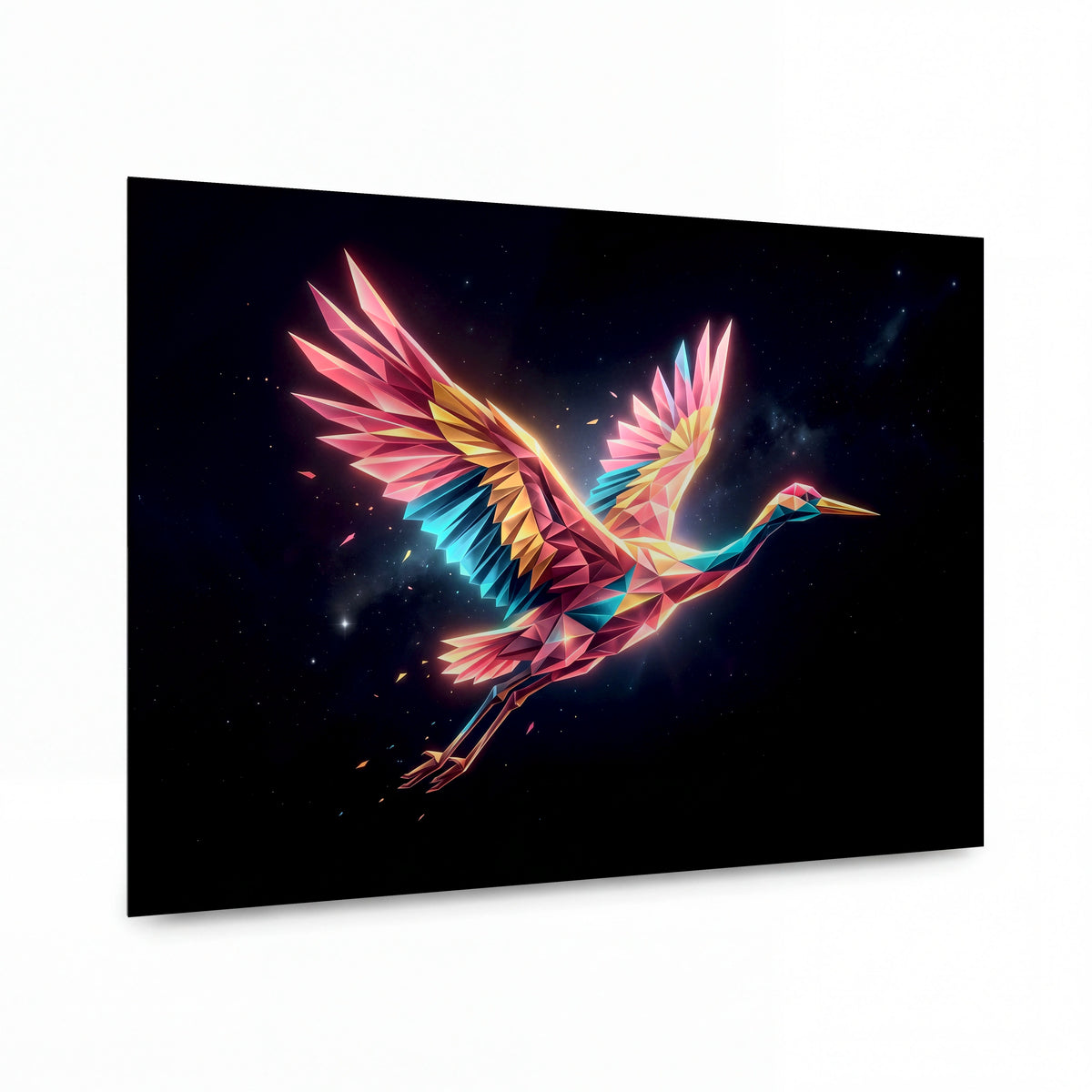 Obraz Polétavý jeřáb z duhových krystalů — kovový panel s vysokým leskem