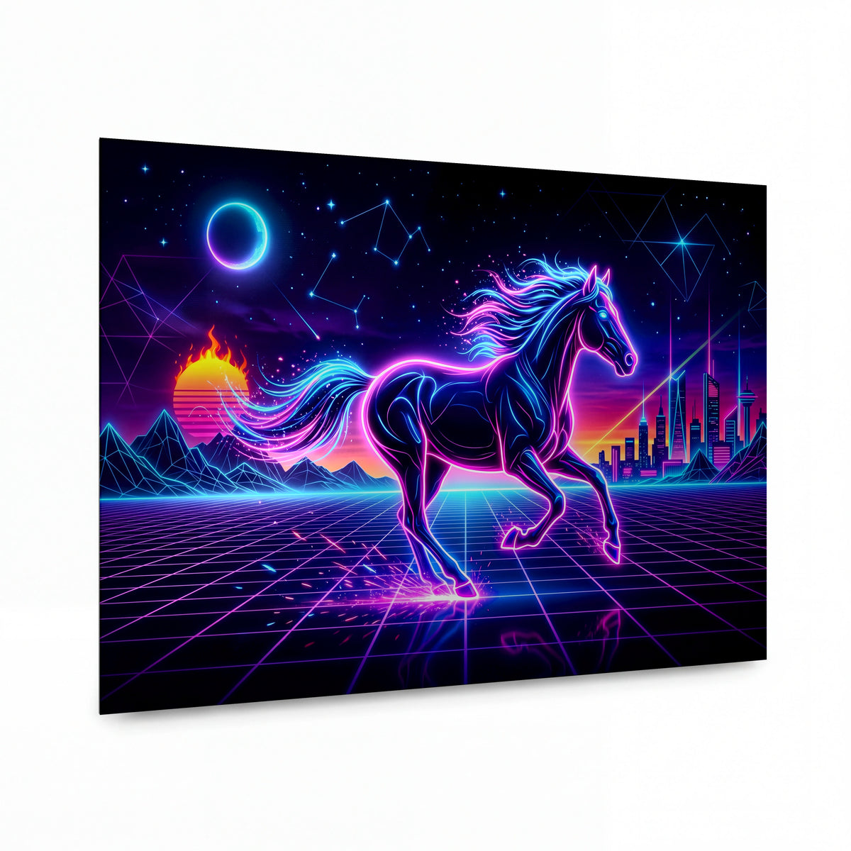 Obraz Neonový kůň v retrowave krajině — kovový obraz, vysoký lesk