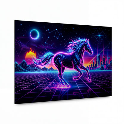 Obraz Neonový kůň v retrowave krajině — kovový obraz, vysoký lesk