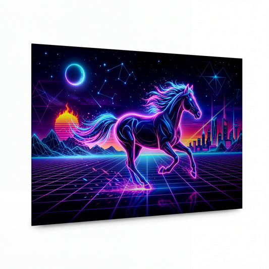 Obraz Neonový kůň v retrowave krajině — kovový obraz, vysoký lesk
