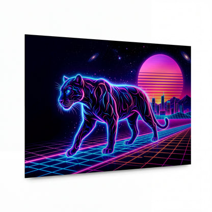 Obraz Neonový panter v retrowave městě — kovový obraz, vysoký lesk