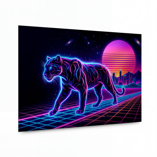 Obraz Neonový panter v retrowave městě — kovový obraz, vysoký lesk