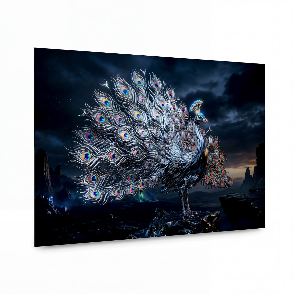 Obraz Stříbrný páv s duhovou korunou per — luxusní obraz na hliníkovém panelu