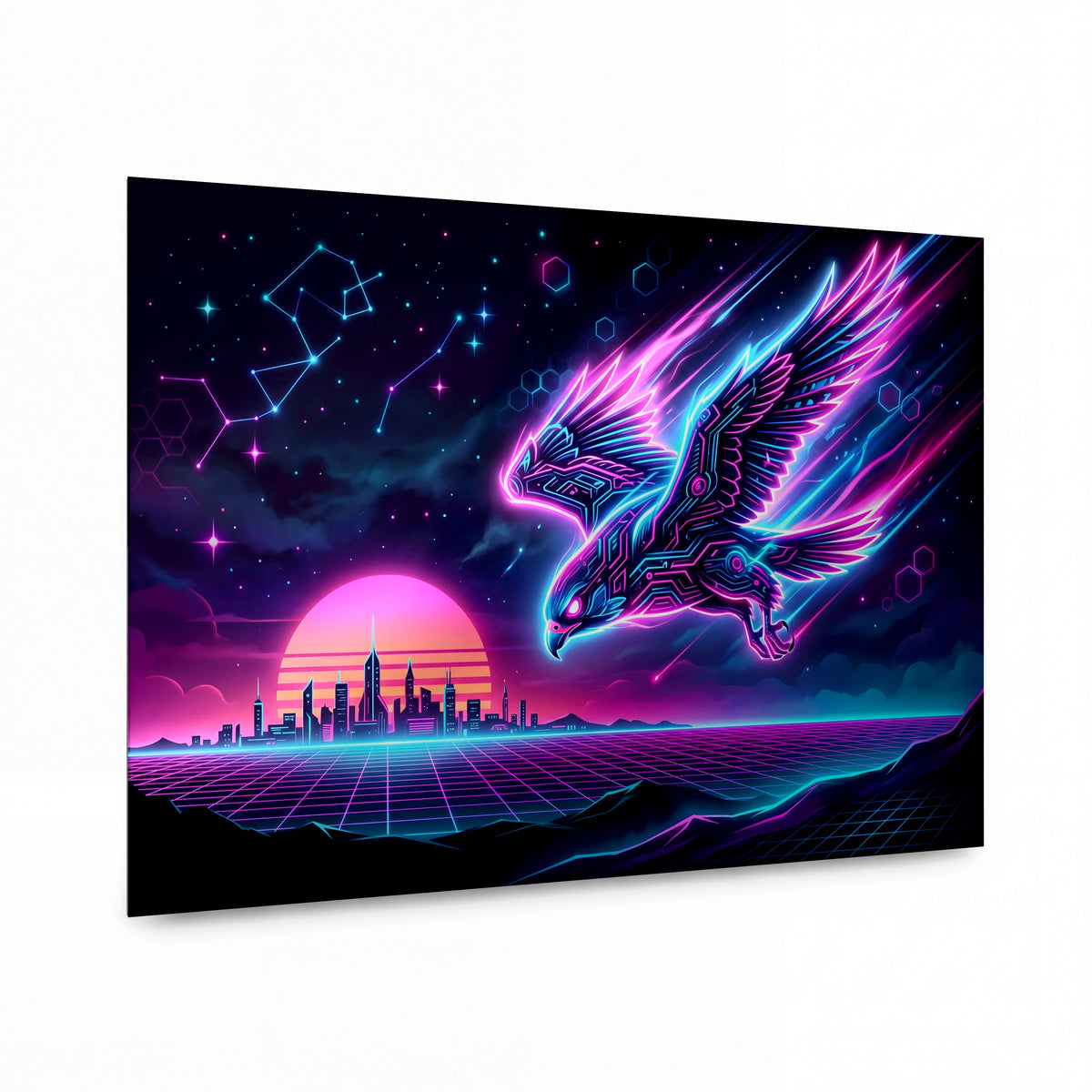 Obraz Neonový pegas nad synthwave městem — kovový panel s vysokým leskem