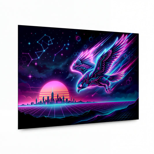Obraz Neonový pegas nad synthwave městem — kovový panel s vysokým leskem