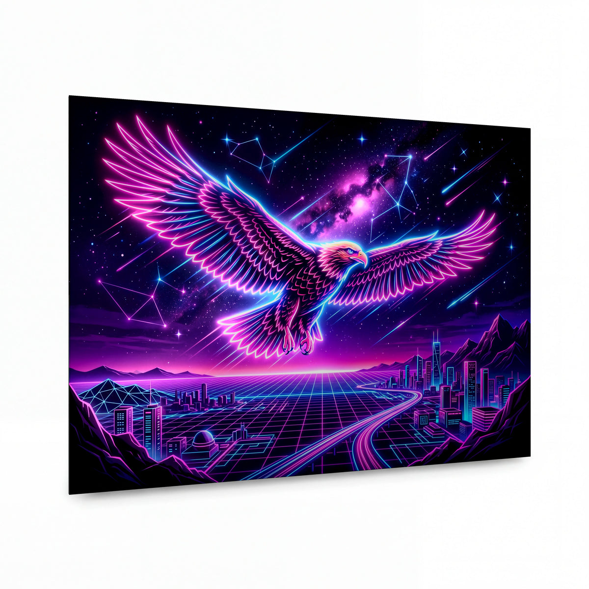 Obraz Neonový orel v synthwave krajině měst — hliníkový obraz s vysokým leskem