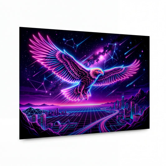 Obraz Neonový orel v synthwave krajině měst — hliníkový obraz s vysokým leskem