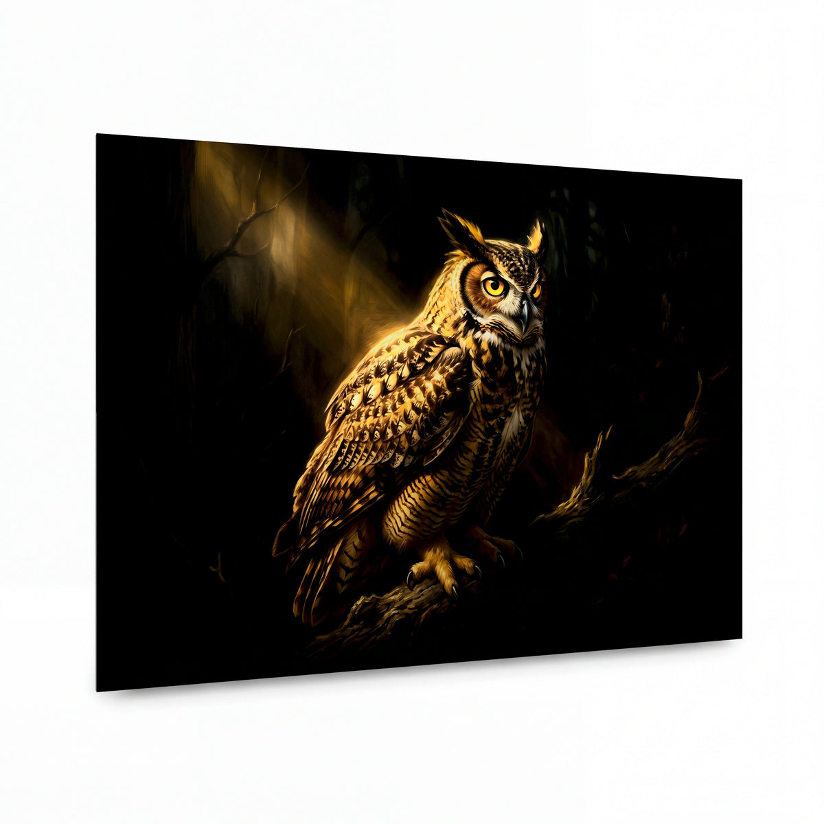 Obraz Výr zářící ve zlatém světle — lesklý panel z hliníku