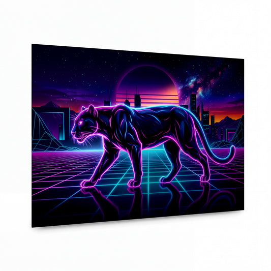 Obraz Neonový panter v synthwave metropoli — exkluzivní kovový obraz s vysokým leskem