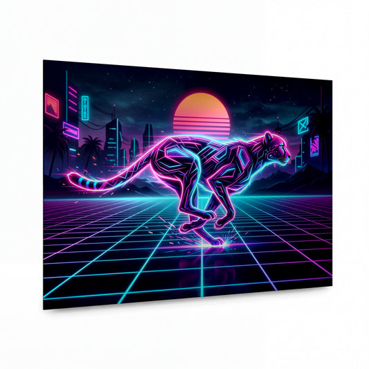 Obraz Neonový gepard v retro městě — prémiový kovový obraz