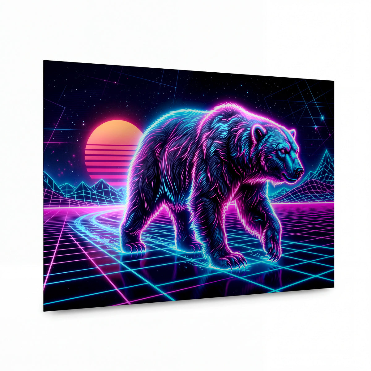 Obraz Neonový medvěd v retrowave krajině — lesklý hliníkový obraz