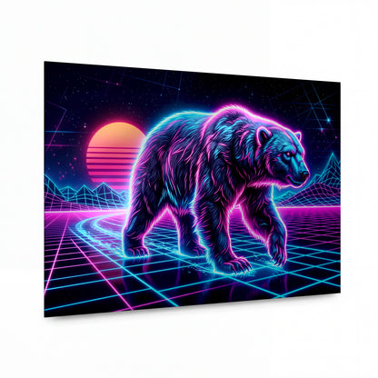 Obraz Neonový medvěd v retrowave krajině — lesklý hliníkový obraz
